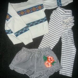 Girls outfit bundle, sweater (tribal) striped shorts and leggings- 12 months